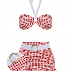  Red  Plaid Halter Bikini Set