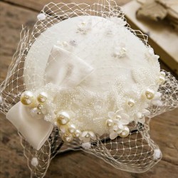 White Pearl Mesh Bow Vintage Hat