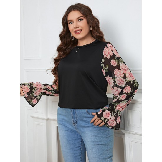 Plus Size Black  Floral Bishop Sleeve Top