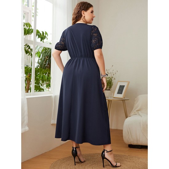 Plus Size Dark Blue  Puff Sleeve Solid Dress