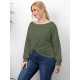 Plus Size Solid Twisted Boatneck Long Sleeve Tops