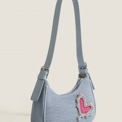 Denim Blue Heart Rhinestone Underarm Bag