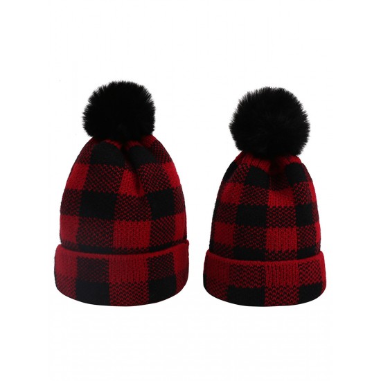 Red & Black Plaid Hairball Knitted Parent Hat