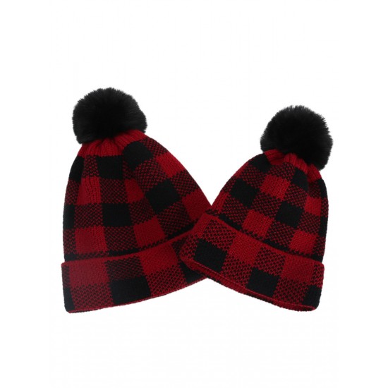 Red & Black Plaid Hairball Knitted Parent Hat