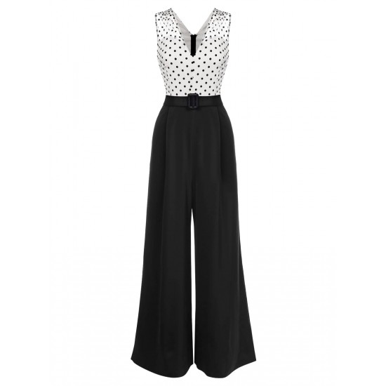  Polka Dot Patchwork Belt Jumpsuit