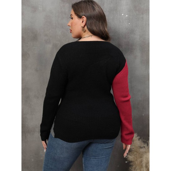 Plus Size  V-Neck Cross Sweater With Pearl