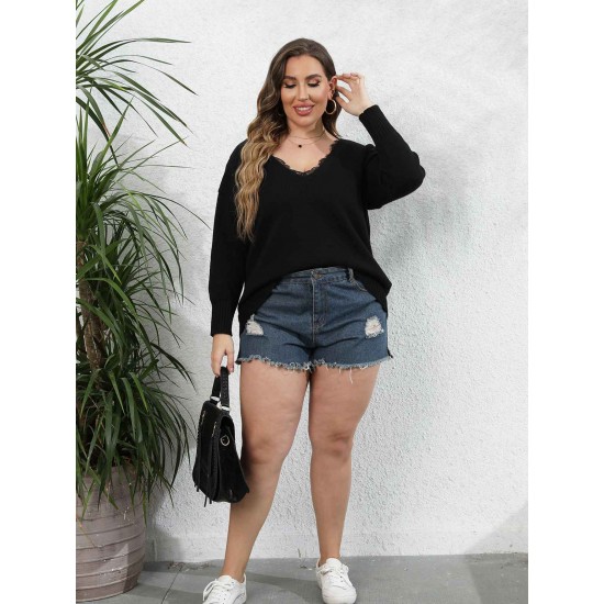 Plus Size Black V-Neck Lace Patchwork Knit Top