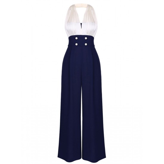 Blue  Halter Patchwork Jumpsuit