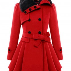 Christmas Fur Collar Waisted Woolen Coat