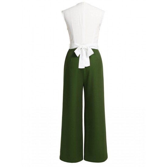 White & Dark Green  Back Bow Jumpsuit