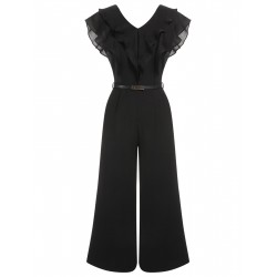 Black  Muslin Patchwork Belted Jumpsuit