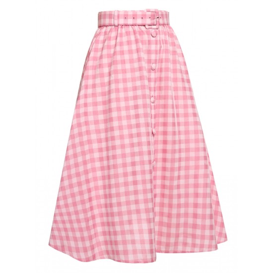  Pink Plaid Button Skirt With Belt