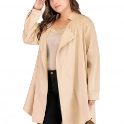 Plus Size Beige  Lapel Cardigan Long Sleeve Trench Coat