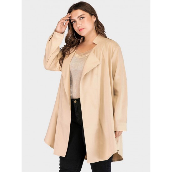 Plus Size Beige  Lapel Cardigan Long Sleeve Trench Coat