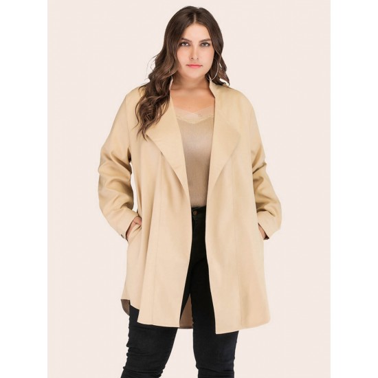 Plus Size Beige  Lapel Cardigan Long Sleeve Trench Coat