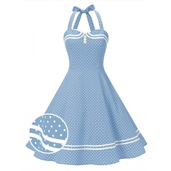 Blue  Polka Dot Halter Swing Dress