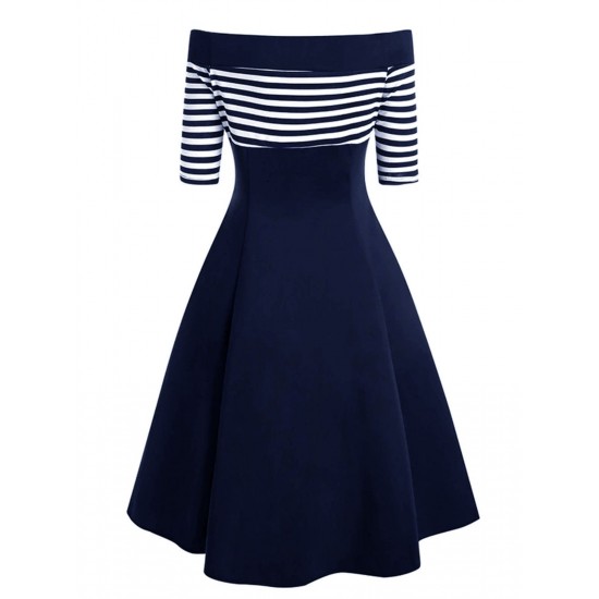 Navy  Off Shoulder Swing Dress