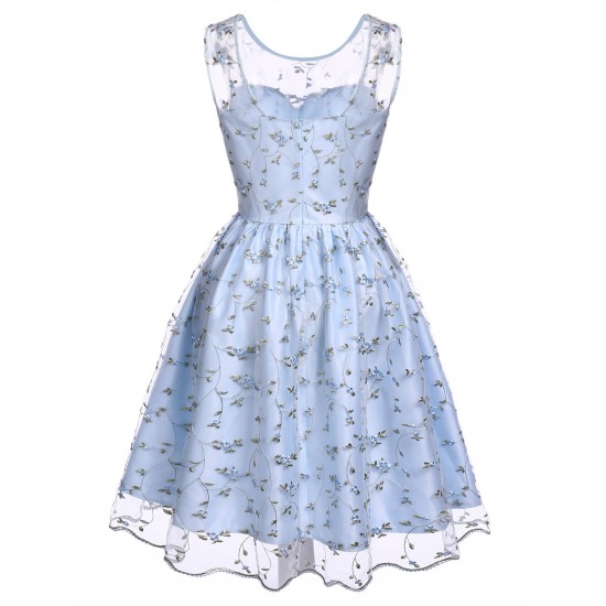 Blue  Floral Embroidery Lace Dress