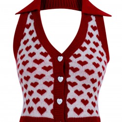 Red  Knitting Heart Halter Button Tops