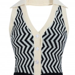 Black  Knitting Stripes Halter Button Tops