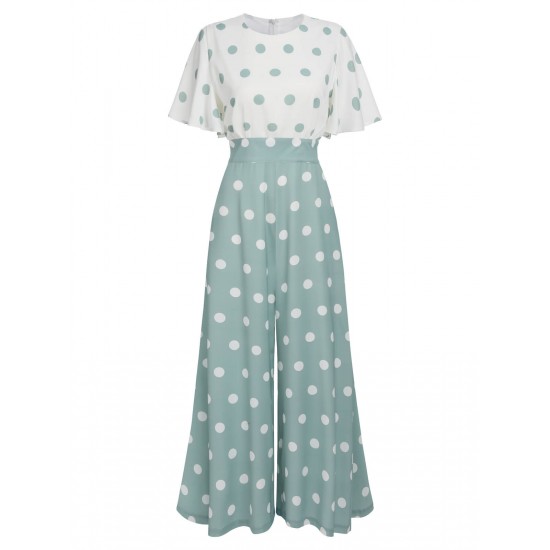  Green White Splicing Polka Dot Jumpsuit