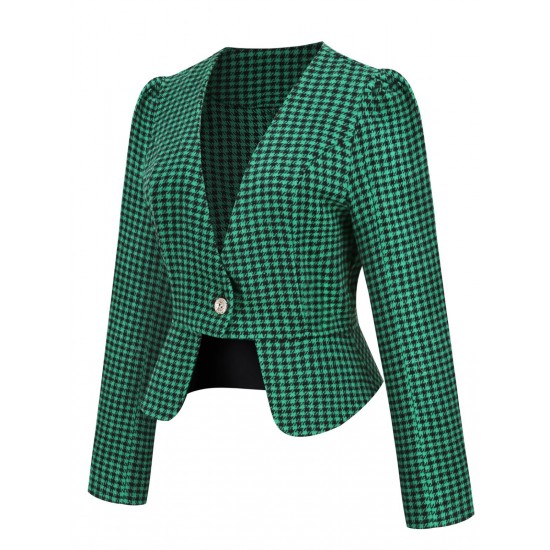 Green   Plaid Button Fitted Blazer