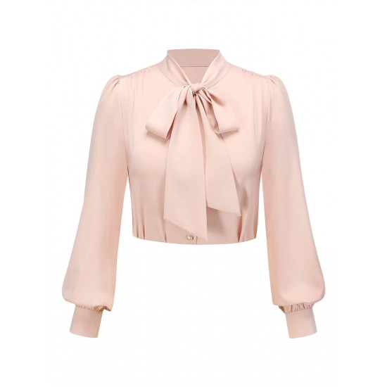 Pale Pink  Bowtie Collar Satin Tops