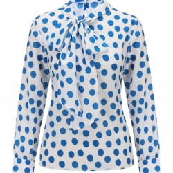  Blue Dots Tie-Up Collar Blouse