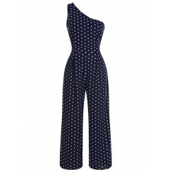 Navy Blue  One-shoulder Dot Jumpsuit