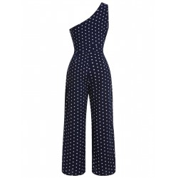 Navy Blue  One-shoulder Dot Jumpsuit