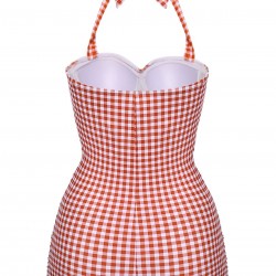 Checked  Halter Bowknot One-piece Swimsuit