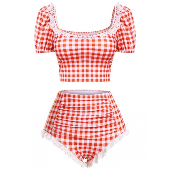 2PCS  Plaid Lace Patchwork Swimsuit