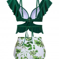 Green  Ruffles Floral Spaghetti Strap Swimsuit