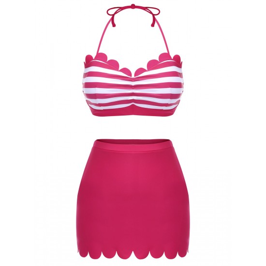 Rose Pink  Stripes Halter Bikini Set