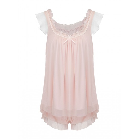 Pink  Ruffle Neck Short Pajamas