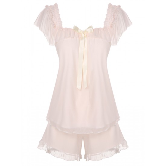 Pink  Square Collar Ribbon Pajamas